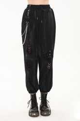 Matériau de tricot noir Décoration de cercle en métal peint à la main rétro Pantalon gothique pour femmes